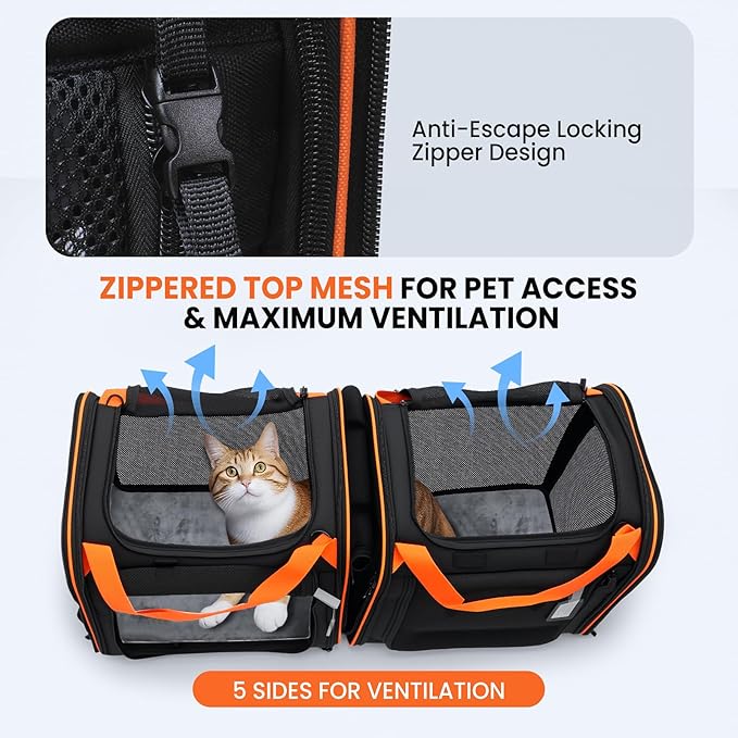Large Cat Carrier 2-in-1 with Litter Box & Bowl, Portable Cat Carrier Hard for 2 Cats, Double Cat Travel Carrier with Safety Locking Zippers, Ideal for Long Distance Trips, Outdoor Adventures