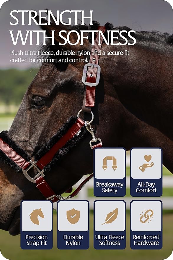 Equinavia Valkyrie Ultra Fleece Breakaway Horse Halter | Padded Fleece Adjustable Safety Halter with Nylon Webbing - Wine Red/Black - Warmblood