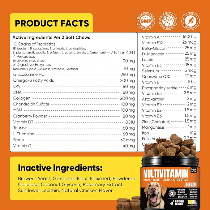 Dog multivitamin Soft Chews–Glucosamine, Chondroitin, MSM, Probiotics, Enzymes, Omega-3–Joint Support, Gut Health, Skin & Coat–Daily Maintenance & Preventive Care–Dog Supplements & Vitamins–180 Chews