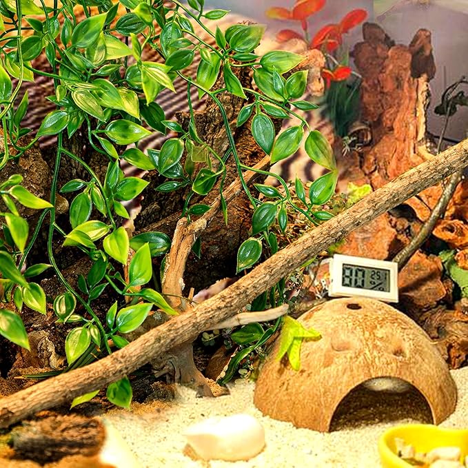 HERCOCCI Reptile Plants, 3 Pack Terrarium Hanging Plants Vines Artificial Leaves Habitat Decorations with Suction Cup for Bearded Dragon Hermit Crab Lizard Snake Geckos Chameleon