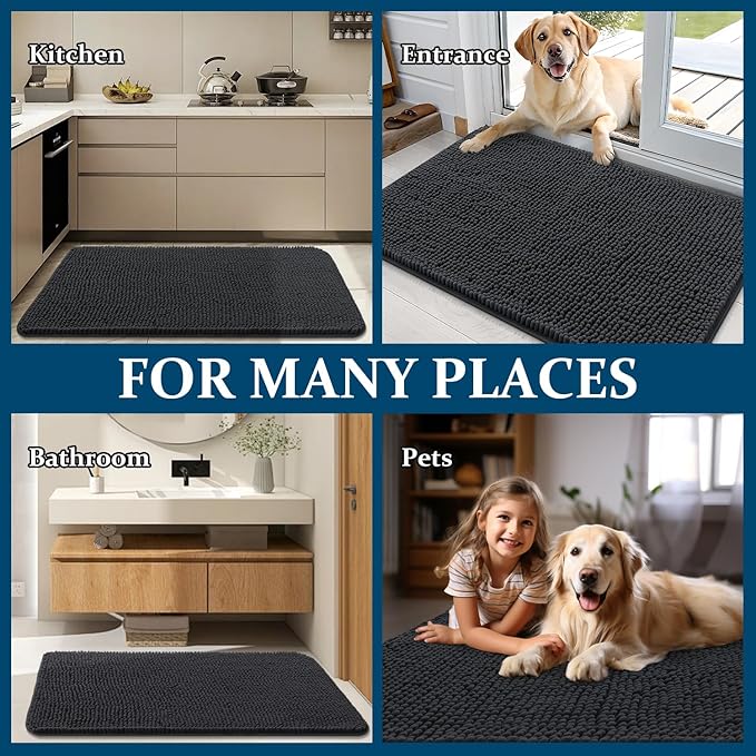 OLANLY Dog Door Mat Set 2-Piece 24x16, Absorbs Moisture and Dirt, Absorbent Non-Slip Washable Doormat, Quick Dry Chenille Mud Mat for Dogs, Entry Indoor Entryway Carpet for Inside Floor, Dark Grey