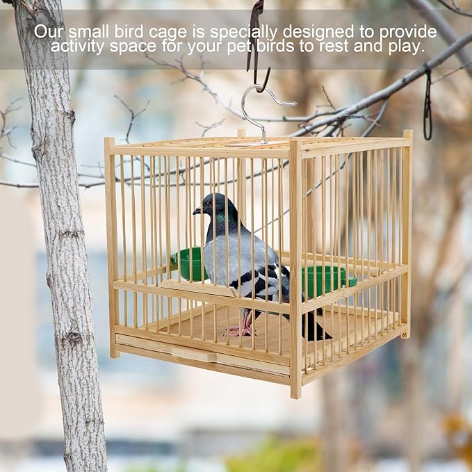 Kisangel 1set Bamboo Bird Cage Small Parrot Cage with Hanging Hook Tray for Retro Travel Budgie Lovebird Cockatiel Parrot,8.06 x 8.06 x 8.06 inches