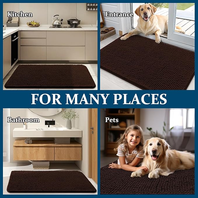 OLANLY Dog Door Mat Set 2-Piece 36x24, Absorbs Moisture and Dirt, Absorbent Non-Slip Washable Doormat, Quick Dry Chenille Mud Mat for Dogs, Entry Indoor Entryway Carpet for Inside Floor, Brown