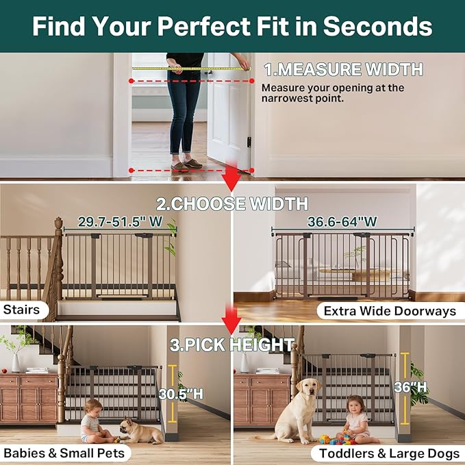 Cumbor 29.7"–51.5" Extra Wide Baby Gate for Stairs, Pressure-Mounted Dog Gates for Doorways & Hallways, Auto-Close Walk-Through, No-Trip Design, Child Proof Safety, Dog/Pet Gate for Indoor Use, Brown