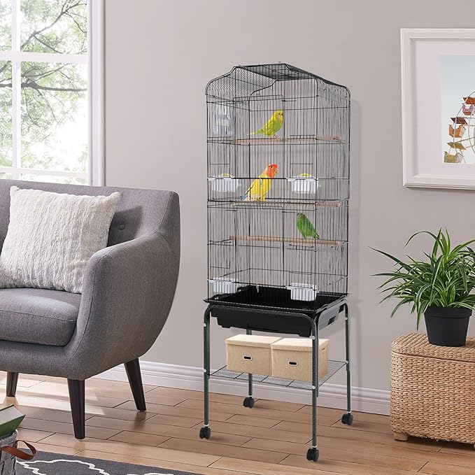 Large Bird Cage with Wheels Parrot Cages for Large Birds Iron Bird Cage with Stand Outdoor Birdcages with Tray, Feeding Bowls & Waterer Big Bird Cages for Parakeets, Lovebird & Pigeon (Black)
