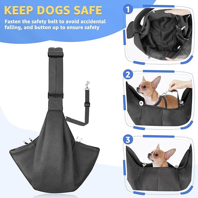 SlowTon Dog Carrier Sling - Thick Padded Shoulder Strap Adjustable Dog Carriers for Small Dogs, Puppy Carrier Purse for Pet Cat with Front Zipper Pocket Safety Belt Machine Washable (Grey Mesh S)