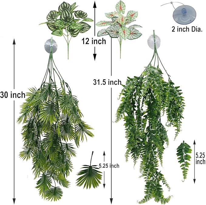 Reptile Plants for Bearded Dragon Tank Accessories, Terrarium Plant Artificial Decor for Snake Cage, Fake Plant for Leopard Gecko Habitat, Lizard Chameleon Ball Pythons (Group EN)