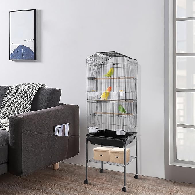 Bird Cage with Universal Wheels, Freestanding Parakeet Birdcage, Large Iron Flight Bird Cages 360° Full Hollow Design Pigeons Parrot, 18x15x54 Inch, with Feeding Bowls, Waterer (Black)