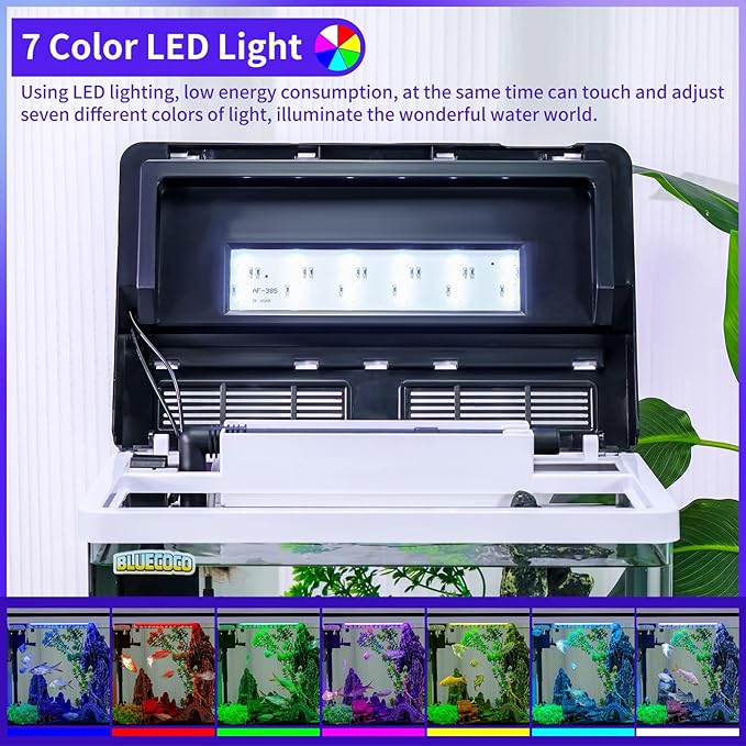 8 Gallon Fish Tank Starter Kit with Eco-Cycle Filtration, 7-Color LED Light & Air Pump. Features 360° Crystal View, Temp/Time Display, Quiet Aquarium Kit for Betta & Freshwater Fish.