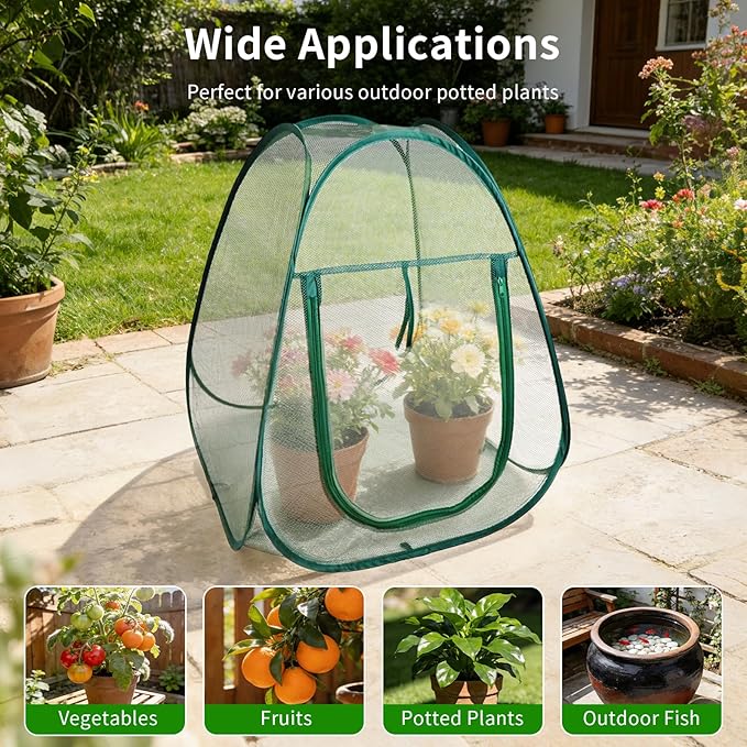 2PCS Mesh Plant Protector Tent from Animals, 28X28X32Inch Pop Up Garden Netting Cover Large Green Crop Cage Plant Protection Tent to Protect Outdoor Potted Plants Flowers Fruits from Deer Birds Cat