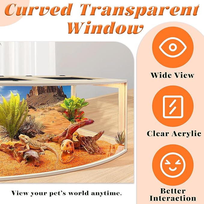 PROLEE Bearded Dragon Tank, Curved Reptile Enclosure with 3-Side Clear Acrylic Panels, Spacious Lizard Tank with Metal Mesh Top and Lockable Door for Reptile Habitat (Oak, 48" Length,80 Gallons)