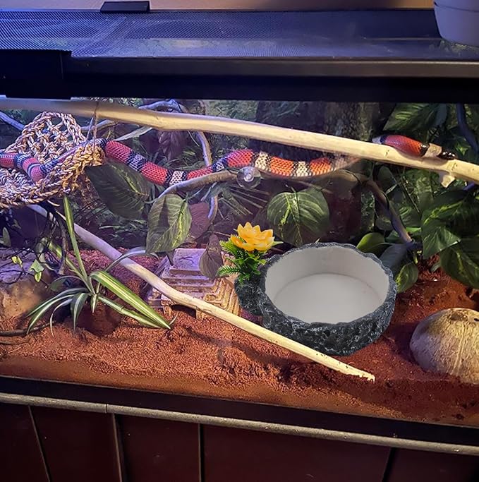 Reptile Food Bowl with Artificial Plant,Rock Reptile Water Dish Bearded Dragon Feed Terrariums Dish for Snake Tortoise Chameleon Hermit Crabs Turtle Leopard Gecko Frog
