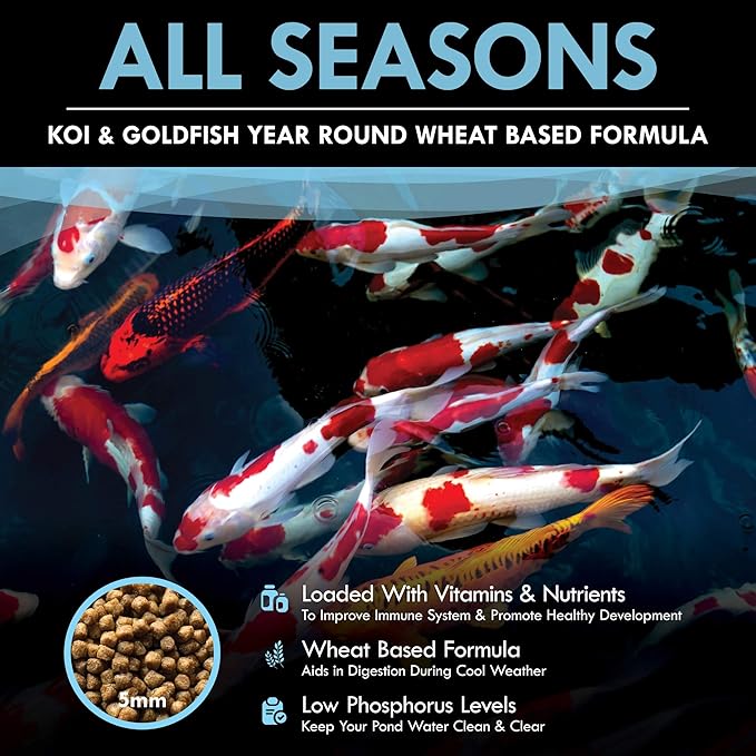 HALF OFF PONDS All Seasons Koi Fish Food - 5 lb Floating Pellets, 5mm Size - Goldfish Food for Ponds - 28% Protein with Wheat Germ & Vitamins - Ideal for Year-Round Feeding & Water Clarity