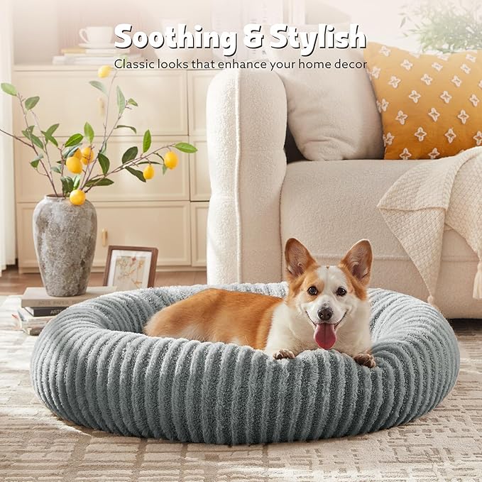 MIXJOY Dog Beds Large Sized Dogs, Washable Dogs Bed with Removable Cover, Cozy Donut Dog Ded Fluffy Plush Faux Fur Pet Bed with Anti-Slip Bottom, 36"x36"x10", Grey