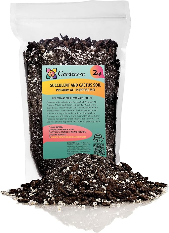 Gardenera Professional Succulent Soil Premium All Purpose Blend | Pre-Mixed Ready to Use for Cactus and Succulents | Sphagnum Peat Moss, Perlite, New Zealand Pine Bark - Made in USA - 2 Quart
