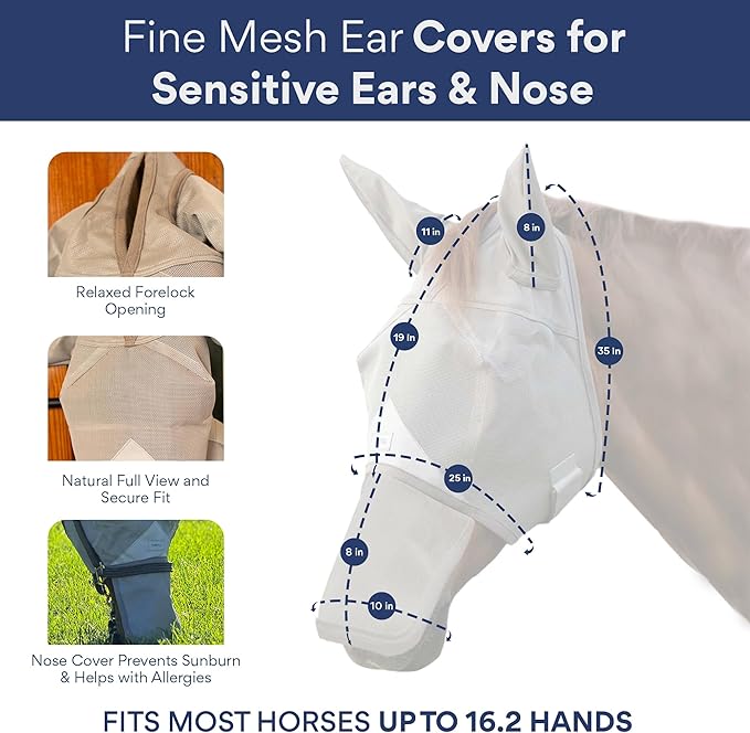 Horse Fly Mask with Nose Cover and Ears - 95% UV Eye Protection - Built-in Visor - Breathable, Lightweight Mask - Adjustable Fit for Comfort Horse Medium/Large Size