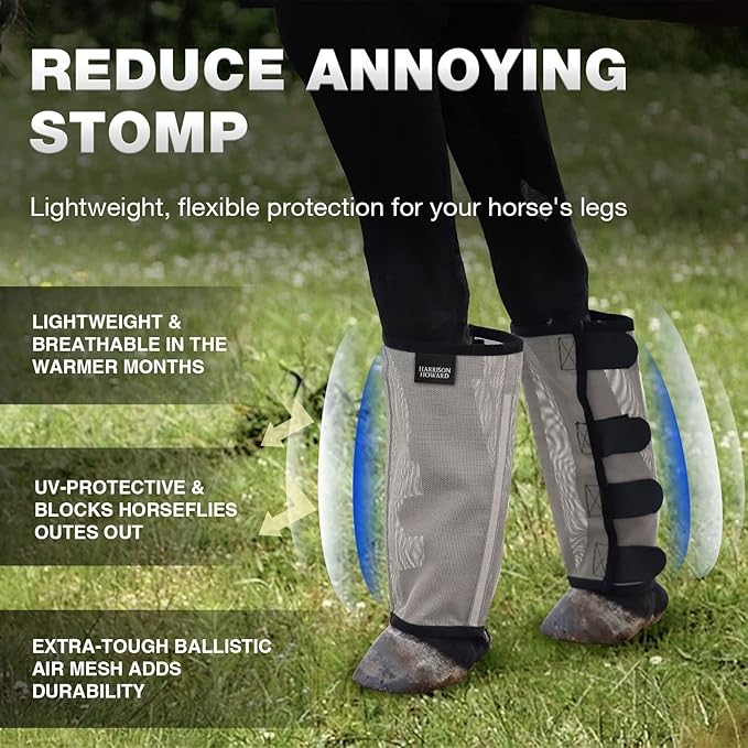 Harrison Howard Loose Fitting Fly Boots UV-Protective Extra Tough Mesh Ventilated Four Fasteners Stay-on Design Protect Horse Legs & Stomp-Reducing Set of 4 Original Grey Medium