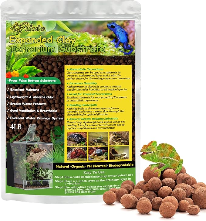 Riare 4LBS Expanded Clay Balls Terrarium Substrate for Reptiles - 100% Organic Lightweight Clay Pebbles Substrate Frogs False Bottom Substrate, Bioactive Terrarium Substrate for Drainage and Moisture