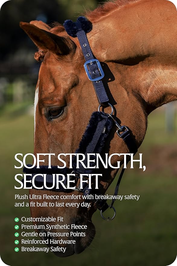 Equinavia Valkyrie Ultra Fleece Breakaway Horse Halter | Padded Fleece Adjustable Safety Halter with Nylon Webbing - Navy/Navy - Warmblood