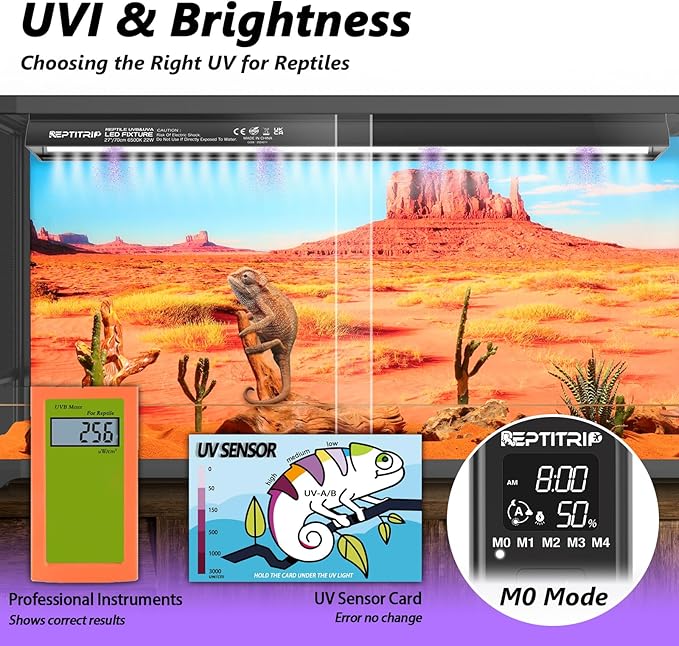 8-INCH LED UVB Light for Reptiles, LED Reptile Light Fixture Controller with Dimming and 4 UVI Modes, 8W Aluminum UVA UVB Lamp for Turtles, Snakes, and Bearded Dragons, 6500K