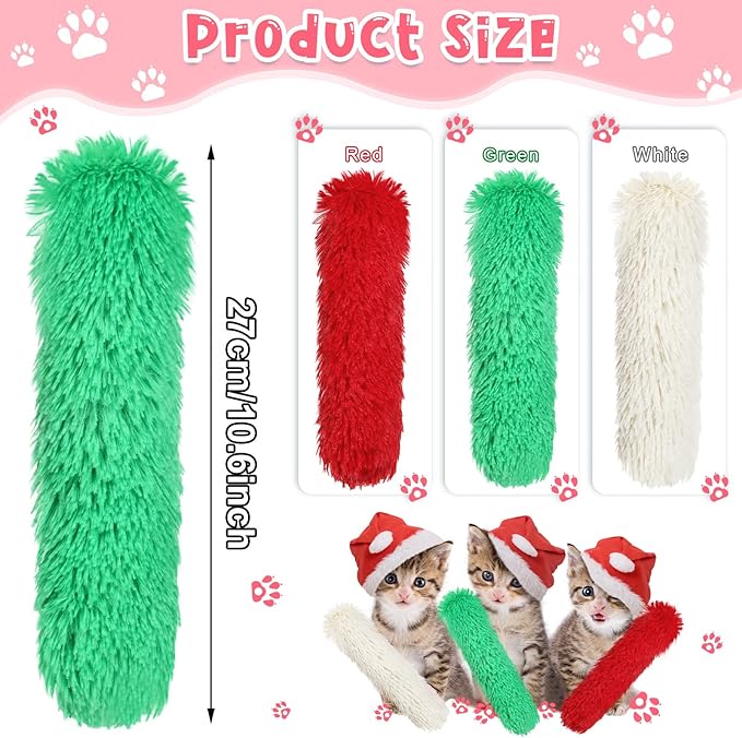 Civaner 6 Pcs Christmas Cat Catnip Toy for Indoor Cat 10.6 Inch Kitten Kicker Stick Catnip Toy with Crinkle Sound Inside Interactive Red Green White Plush Kitten Pillow for Chew Exercise