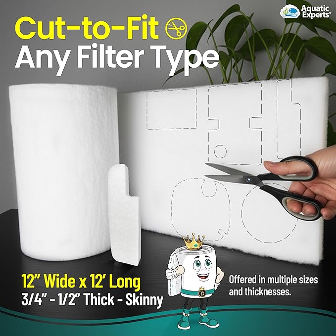 Aquatic Experts Aquarium Filter Floss for Fish Tank Filters - FilterFirst Aquarium Filter Pad - Media Roll for Crystal Clear Water, 12" x 12' x ½ to ¾ Thick