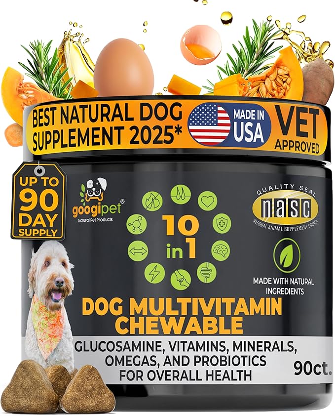 Googipet Premium 10 in 1 Dog Vitamins Multivitamin Chewable with Probiotics for Gut Health, Dog Vitamins and Supplements w/Vitamin C & Glucosamine for Joint Support (Peanut Butter & Pumpkin Flavor)