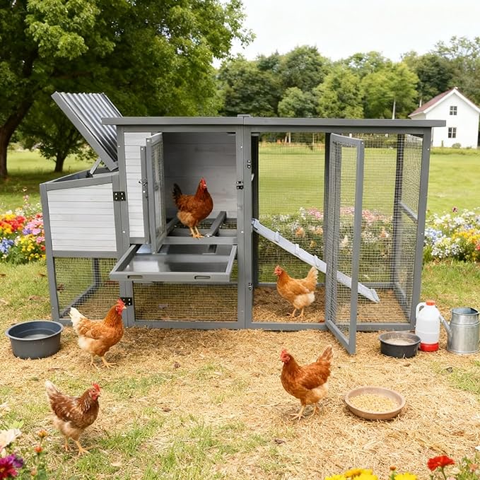 79" Large Wooden Outdoor Chicken Coop with Double-Layer Winter Coop with Large Nest Box, Rainproof Roof and Removable Trays Outdoor Compatible, Suitable for Duck Coops and Rabbit Coops4-6 Chickens