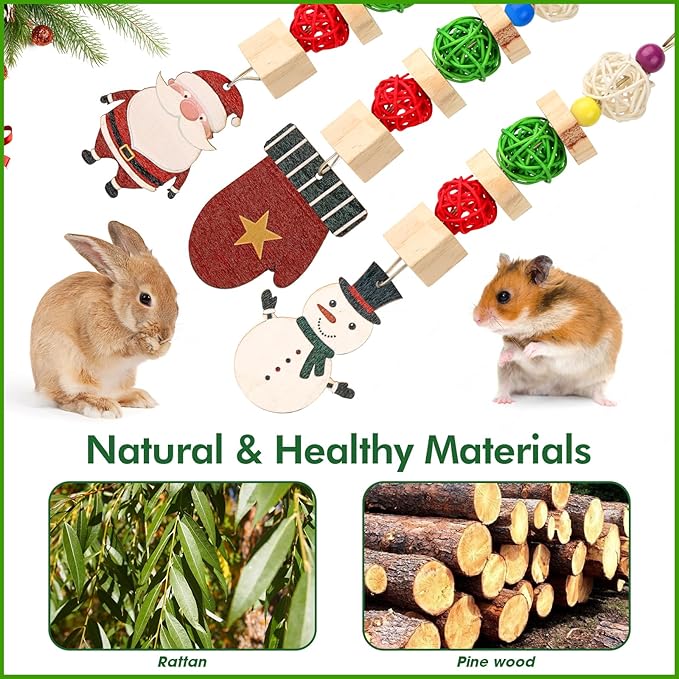 Abizoo Christmas Guinea Pig Chew Toys,3 Pcs Rabbit Chew Toys Hamster Bunny Treats Wood for Chinchilla,Hanging Christmas Themed Decor Cage Accessories for Small Animals pet Teeth Enrichment Gifts