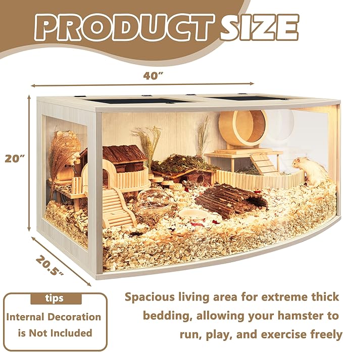 Prolee Hamster Cage Chew Proof Wood, Hamsters Enclosure Openable Top with Curved Design,Waterproof Small Animals Cage with Acrylic Sheets for Gerbils,Hamster Habitat(40 Inches)
