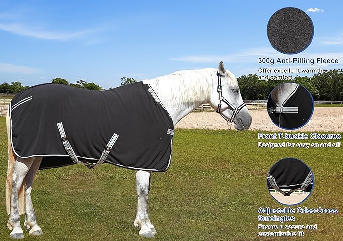 Horse Fleece Cooler, Blanket Liner - 300g Anti-Pilling Fleece, Moisture-Wicking, Cooling & Drying for Post-Workout, Bath & Travel, Prevent Overheating & Chilling Black 84