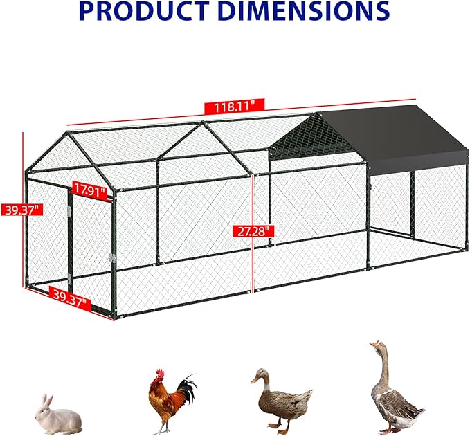 Metal Chicken Coop Run,Outdoor Walk-in Cage Peak Hen House with Waterproof and Anti-Uv Cover,Spire Roof Hen House with Security Lock for Outdoor,Backyard and Farm, 9.8 x 3.3 x 3.3 ft