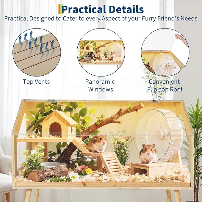 Wooden Hamster Cage with Legs, 32" L x 16" W x 40" H Guinea Pig Cages Chew Proof,Large Hamster Habitats Enclosure with Acrylic Window & Openable Top for Guinea Pig, Chinchilla, Gerbil