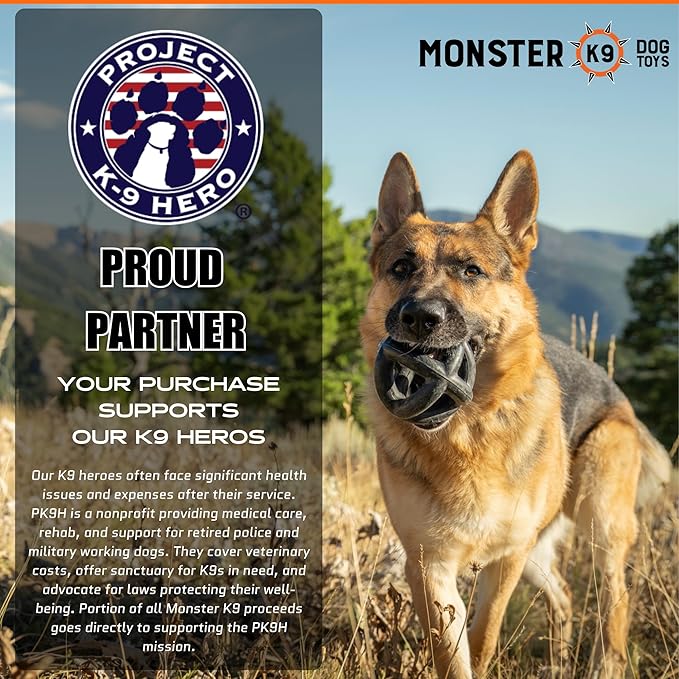 Monster K9 Indestructible Dog Ball – Lifetime Replacemnet - Durable Dog Toy for Aggressive Chewers - Safe, Non-Toxic Natural Rubber - Chew, Tug & Fetch - Tough, Heavy Duty - 5.5” (2X Tennis Ball Size)