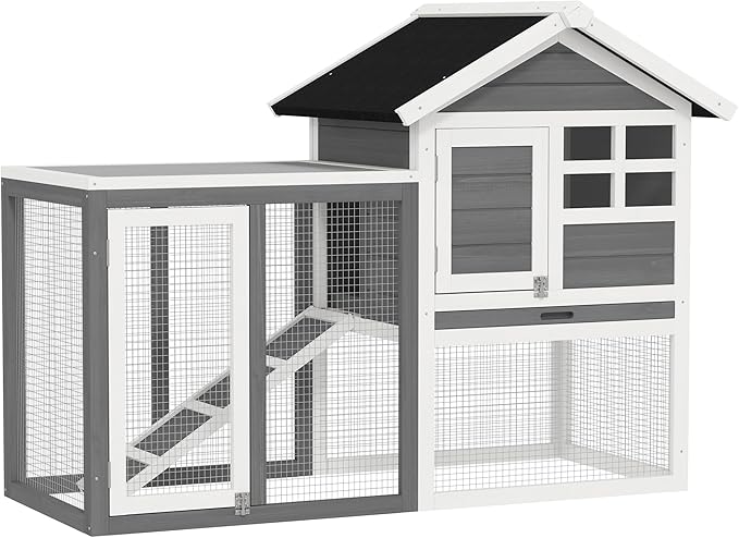 PawHut 48" Wooden Rabbit Hutch Bunny Cage with Waterproof Asphalt Roof, Fun Outdoor Run, Removable Tray and Ramp, Grey