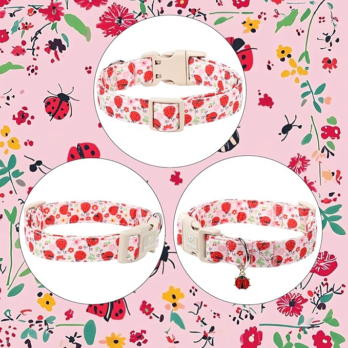 Lucky Ladybug Dog Collar for Puppy Small Dogs - Sweet Pink Girl Dog Collars, Lightweight Adjustable Spring Garden Mom Dogs Collars with Quick Release Buckle XS
