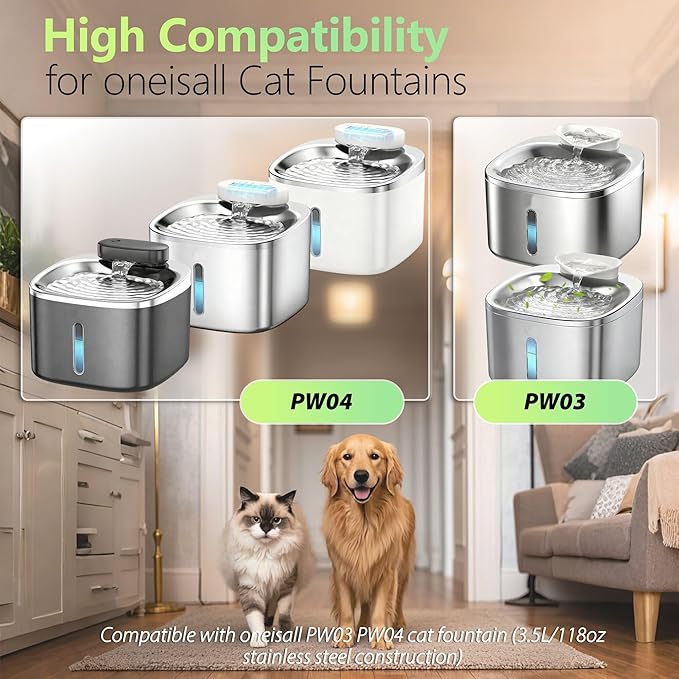 6+6 Packs Cat Water Fountain Filters Replacement - Compatible with oneisall PW03 PW04 Cat Fountain, Fits 3.5L/118oz Pet Water Fountains, with Pre-Filter Sponges