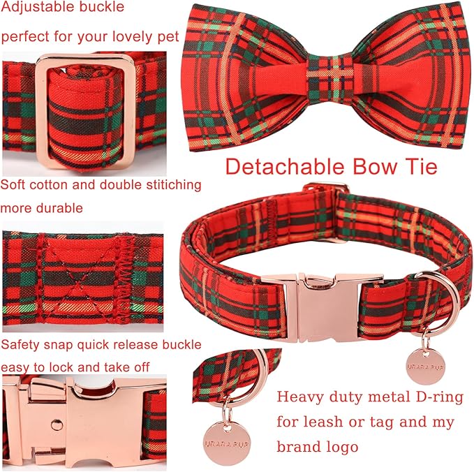 Christmas Dog Collar with Bow Tie, Cotton Christmas Plaid Collar for Medium Girl Boy Dog,Red &Green Plaid Dog Collar Bowtie with Durable Metal Buckle,Adorable Pet Collar,S,Neck 10-16in