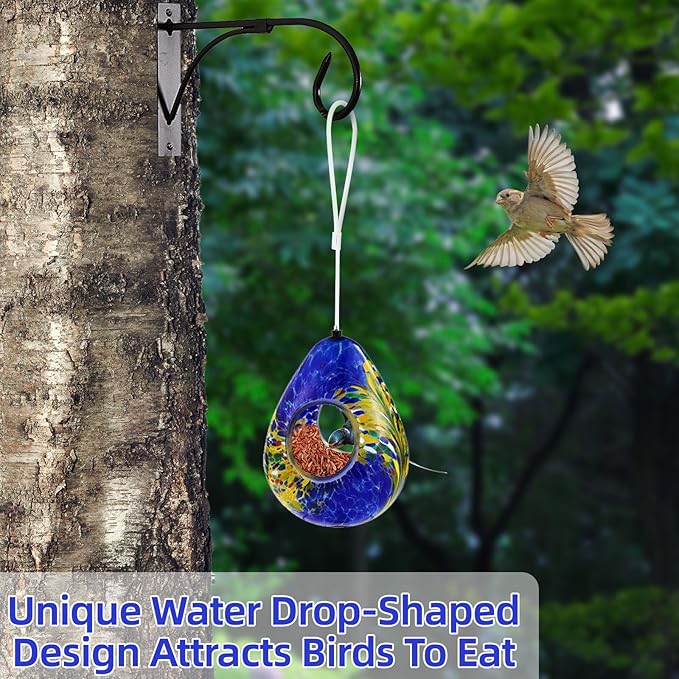 VOREEN Glass Bird Feeder, Fly Through Bird Feeders for Outdoor Hanging, Handmade Glass Wild Bird Feeder, for Garden, Yard, Backyard, Deck and Porch Decor, Gift for Mom Wife Friend, Blue Teardrop
