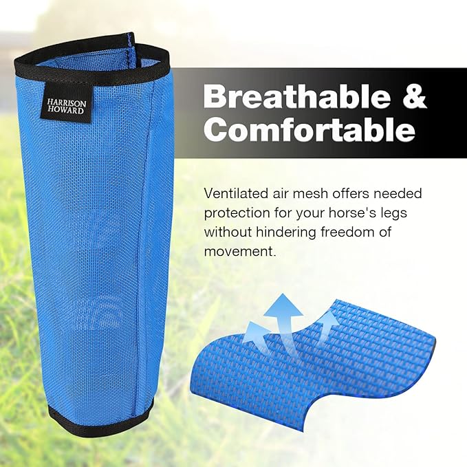 Harrison Howard Loose Fitting Fly Boots UV-Protective Extra Tough Mesh Ventilated Four Fasteners Stay-on Design Protect Horse Legs & Stomp-Reducing Set of 4 Sky Blue Medium