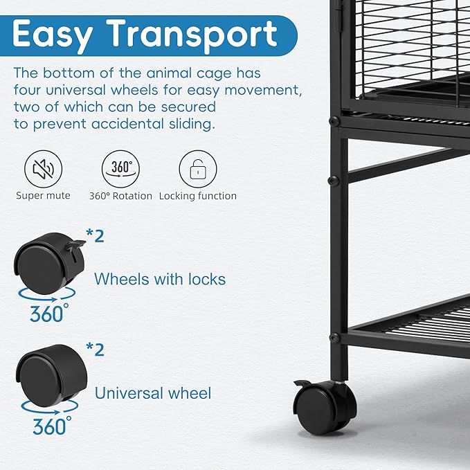HABUTWAY 36.5''H Large Metal Rolling Ferrets Cage, 2-Tiers Small Animal Cages, Cage for Rats/Chinchillas, 0.5'' Bar Spacing for Ferret,Small Animal Cage w/Removable Ramp & Platform