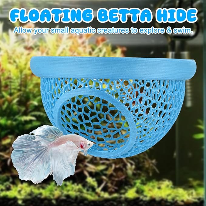 Blue Floating Betta Hide & Shrimp Cave: 3-in-1 Aquarium Hammock, Feeder & Resting Spot for Betta Fish, Shrimp & Small Fish | Eco-Safe PLA