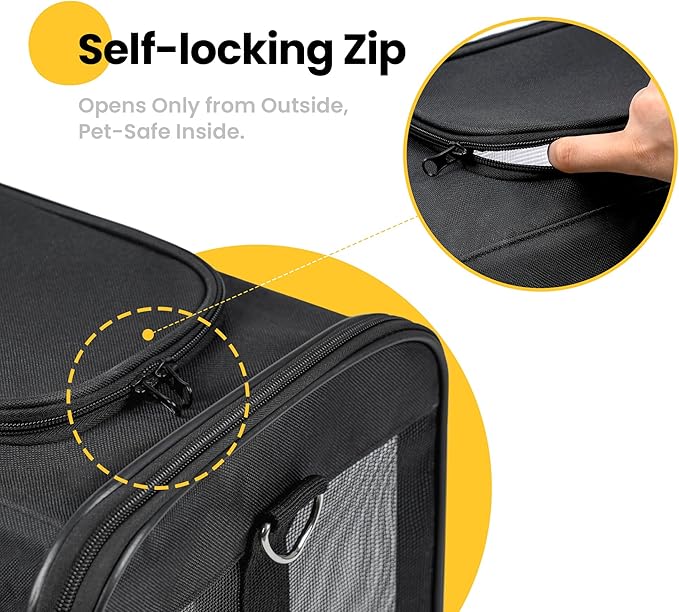Dog Carrier Soft Sided, Large Cat Carrier with Inner Safety Leash, Pet Transport Carrier for Large Cats and Medium Dogs up to 20 Lbs, Collapsible Travel Puppy Carrier Bag -Black L