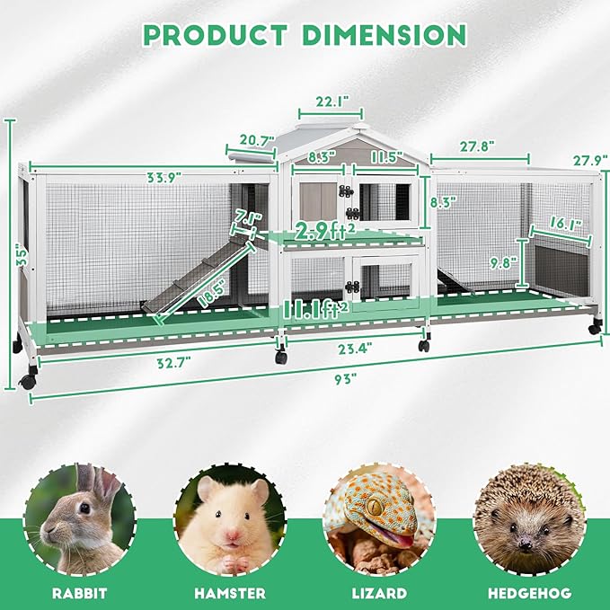 93” Large Rabbit Hutch Outdoor with Run, Wooden Expandable 2 Story Bunny House Rabbit Cage Indoor with 8 Wheels, Waterproof Roof, 4 Pull Out Trays, Guinea Pig Cage for Small to Medium Pets