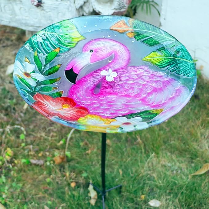 MUMTOP Bird Baths for Outdoors, Glass Bird Bath Stake, Flamingo Birdbaths & Support, Bee Baths for Garden, Outside, Lawn, Outdoor Decor