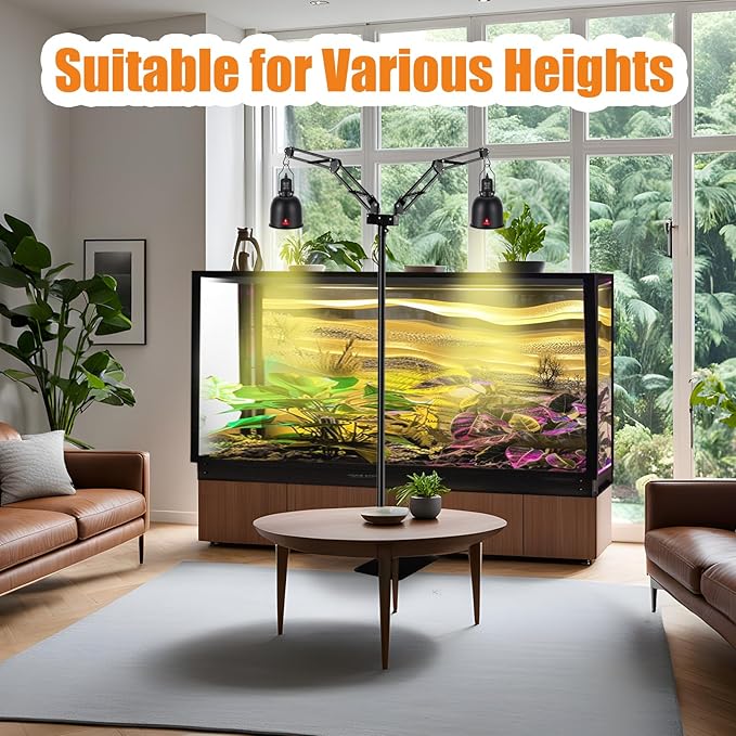 DXOPHIEX Dual Reptile Lamp Stand Reptile Light Stand with Two Flexible Brackets, Height Adjustable (15.7 inch to 74.3 inch) for Hanging Heat Lamp Holder and Light Fixture