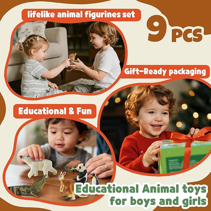 9 PCS Zoo Animal Toys for Kids 3-5 Realistic Plastic Wild Animal Figurine Toys Educational Learning Toy for Kids Boys Girls Toddlers