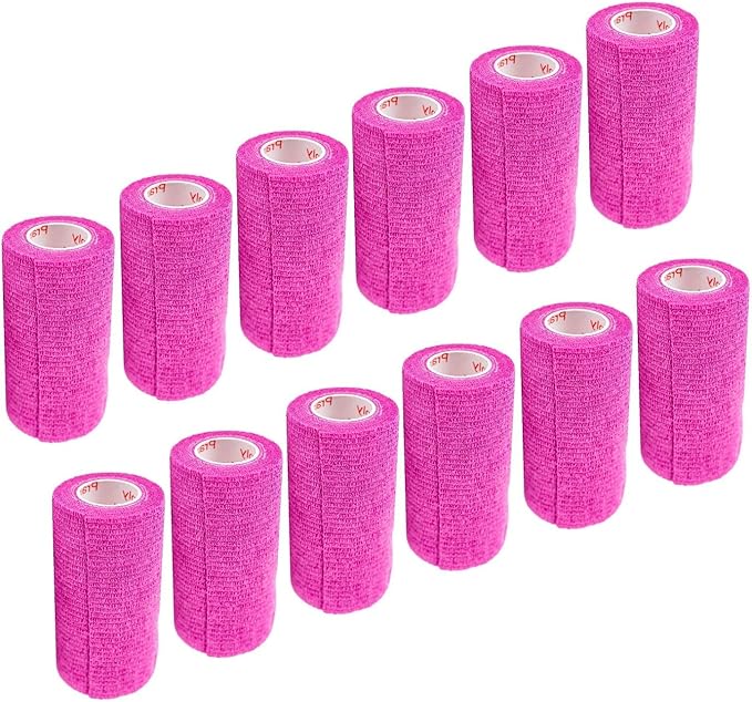 3 Inch Vet Wrap Tape Bulk (Fuchsia) (Pack of 12) Self Adhesive Adherent Adhering Flex Bandage Grip Roll for Dog Cat Pet Horse