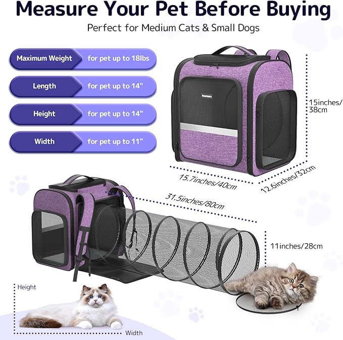 Pawtners Cat Backpack Carrier with Play Tunnel, Large Dog Backpack with Breathable Mesh, Expandable Pet Carrier Backpack for Small Medium Kitten Puppy Up to 18 Lbs, Suitable for Travel Hiking Camping