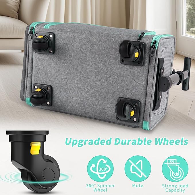 Pet Carrier with Detachable Wheels, TSA Airline Approved Rolling Cat Carrier for Small Dogs and Cats up to 15Lbs, Sturdy Frame & Smooth 360° Wheels for Travel & Vet - 18" L x 11" W x 11"